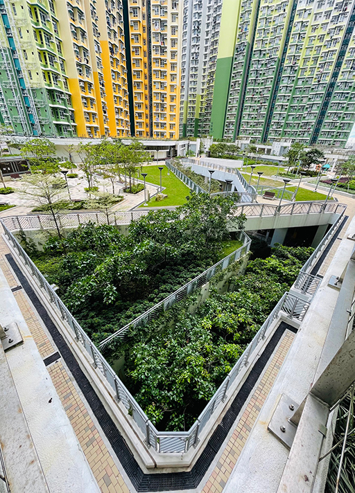 零灌溉系統締造一片綠化空間,提升通風廊的空氣流通,節省停車場使用機械通風裝置而消耗的能源。